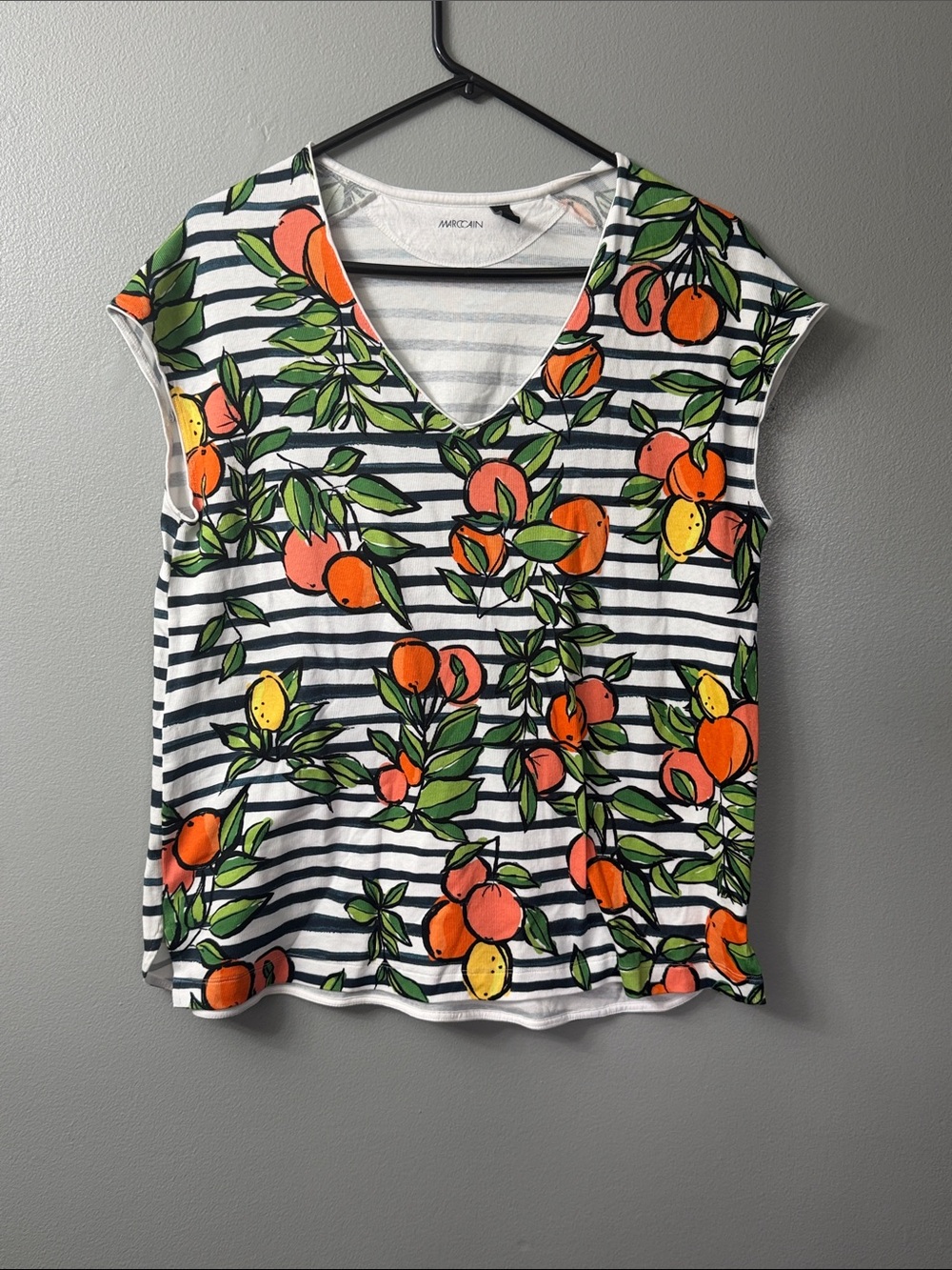 Marc Cain Striped V-Neck Top with Orange & Green Fruit Print